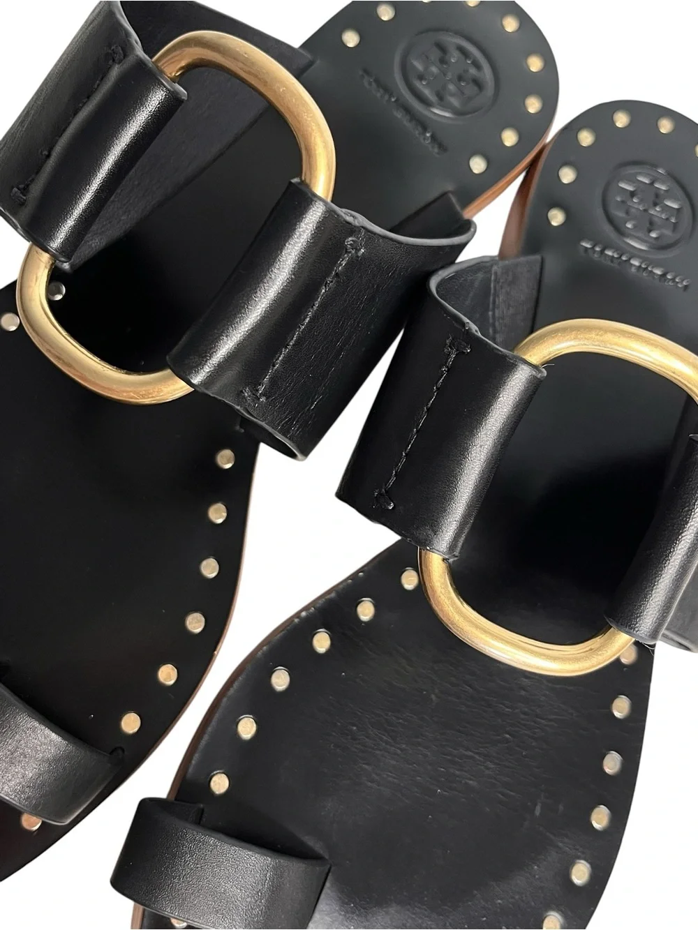 Tory Burch Ravello Black Leather Toe Ring Gold-Tone Studded Sandals Sz 8